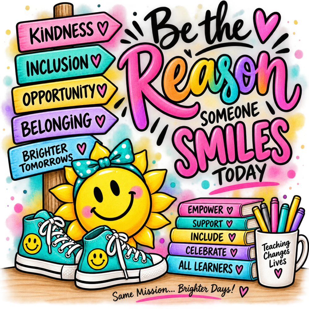 Watercolor illustration reading 'Be the reason someone smiles today' with a smiling sunshine, teal smiley high tops, colorful signposts, a stack of books, and a 'Teaching Changes Lives' mug