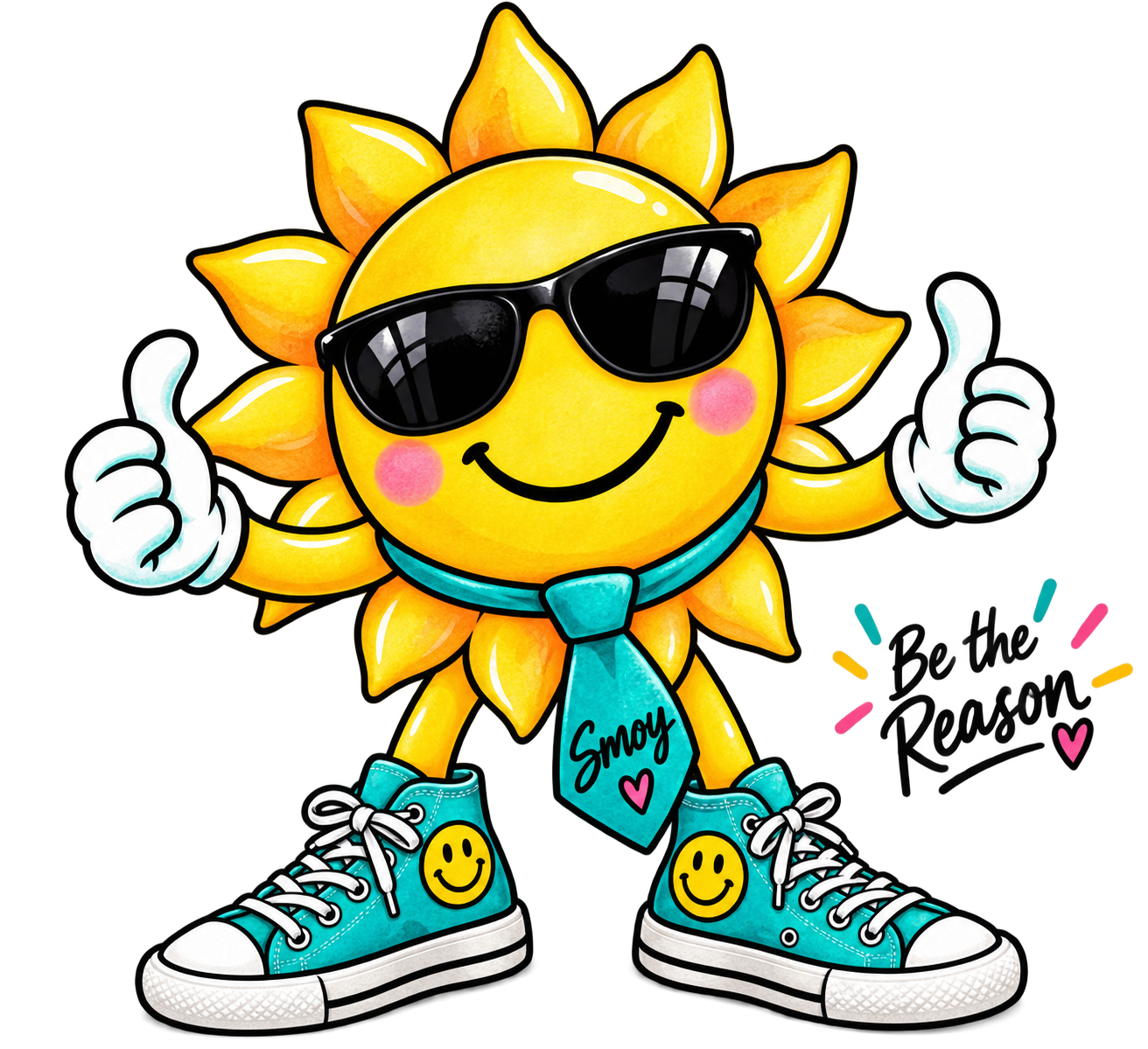 Smoy's Cousin, a cheerful sunshine character wearing sunglasses, a teal tie, and teal sneakers, giving two thumbs up