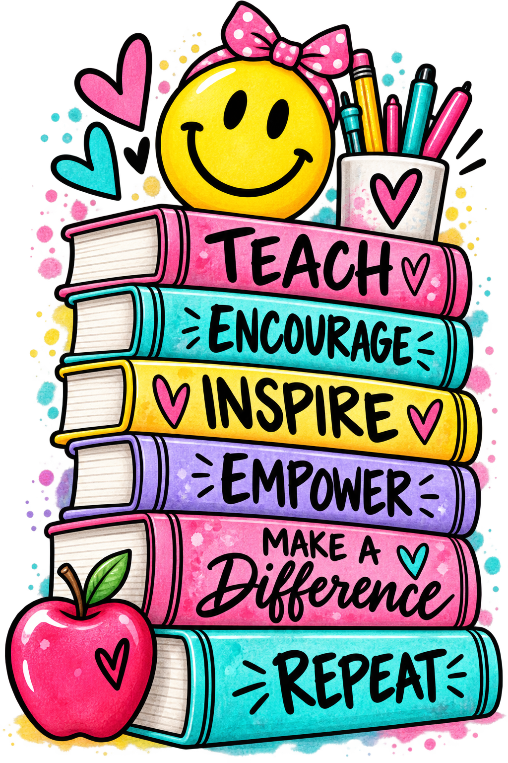 Colorful stack of books with creative learning details