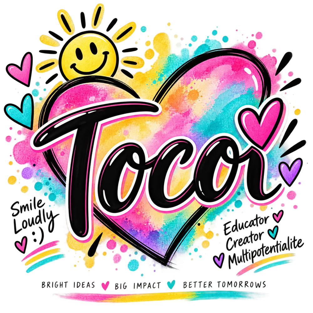 Tocoi heart logo with colorful watercolor splashes, hearts, and a smiling sunshine